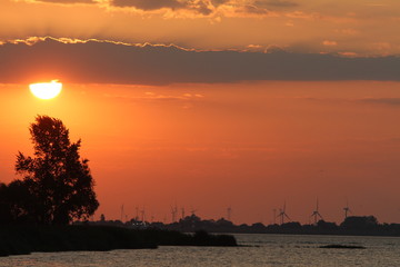 Fototapeta na wymiar Erneuerbare Energien - Windpark an der Elbe im Sonnenaufgang
