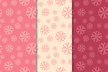 Set of red floral ornaments. Cherry pink vertical seamless patterns