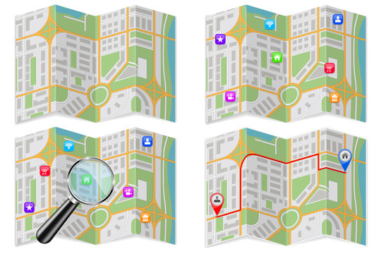 City maps collection. With magnifying glass and popular location markers