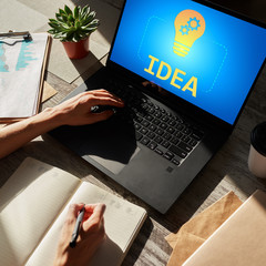 New idea, creativity and innovation concept with lamp icon on screen.