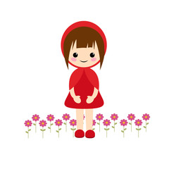 Simple vector of little red riding hood with short brown hair and some flowers on her feet.