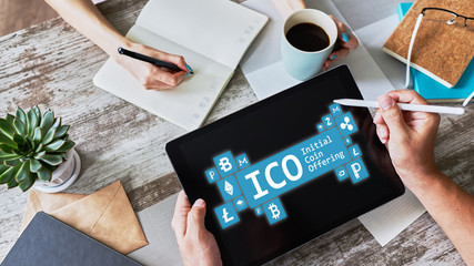 ICO - initial coin offering. Cryptocurrency, Blockchain. Fintech, modern financial technology...