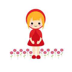 Simple vector of little red riding hood with blond short hair and flowers on her feet.