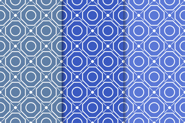Blue geometric ornaments. Set of seamless patterns