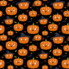 halloween pumpkin seamless pattern on black background  - 230182073
