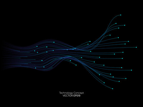 Vector abstract dots lines light blue and green colors on black background in concept technology, communication, digital, ai, science.