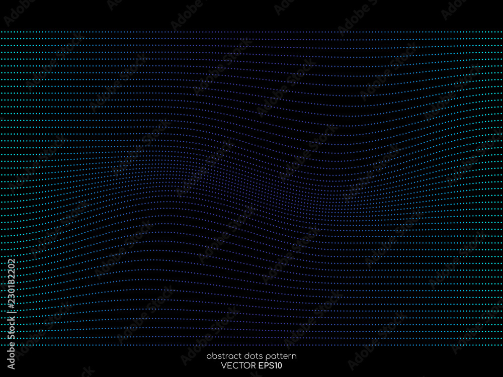 Poster dots lines wave pattern in blue and green colors on black background. vector background in concept t