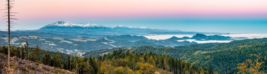 Naklejka na ściany i meble wide panorama of Tatra Mountains in autumn morning, Poland