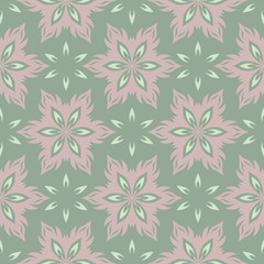 Olive green floral seamless pattern with pale pink elements. Background with flower designs