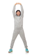 Young man exercising isolated on white background