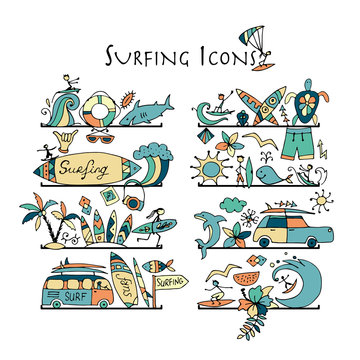 Surfing icons collection. Shelves for your design