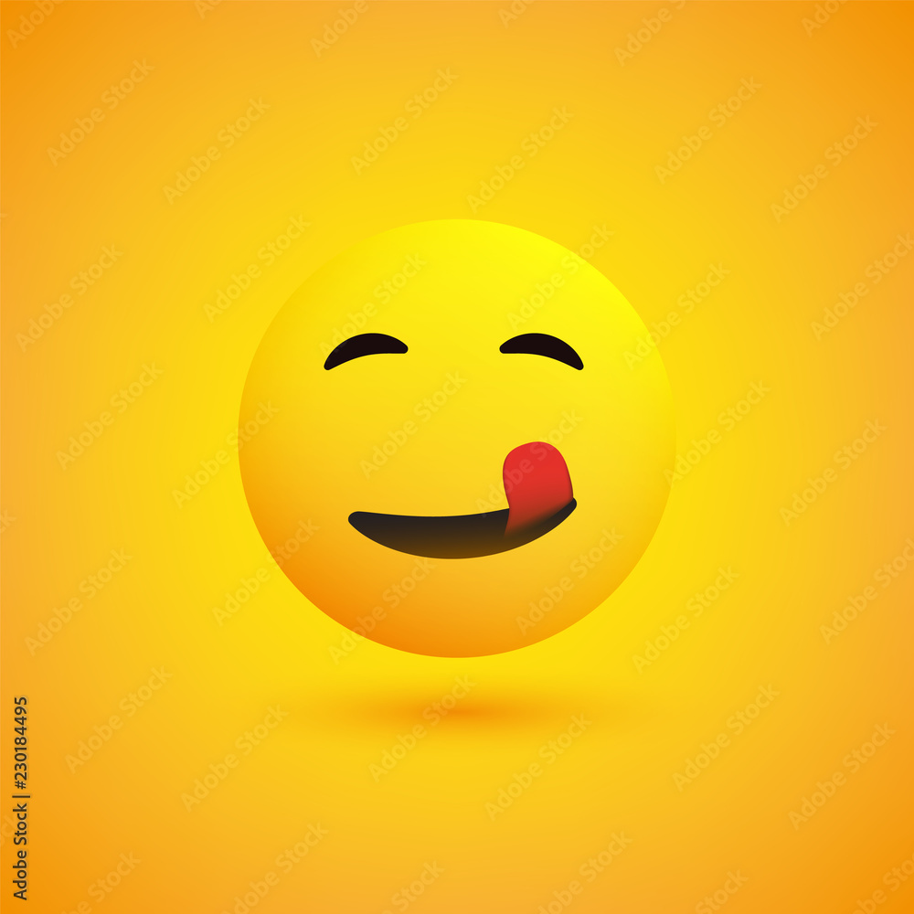 Poster smiling emoji with stuck out tongue - simple happy emoticon on yellow background - vector design