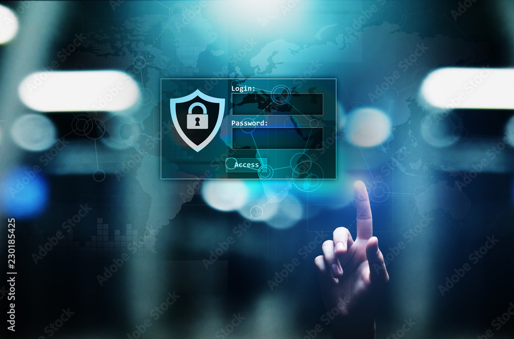 Poster access window with login and password on virtual screen. cyber security and personal data protection
