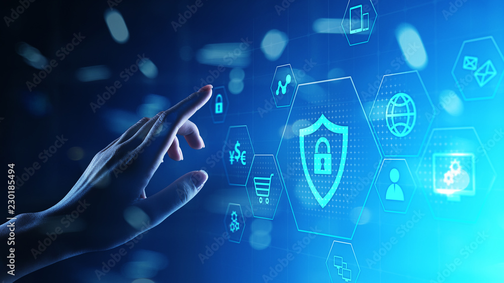 Poster cyber protection data security internet privacy internet technology concept on virtual screen.