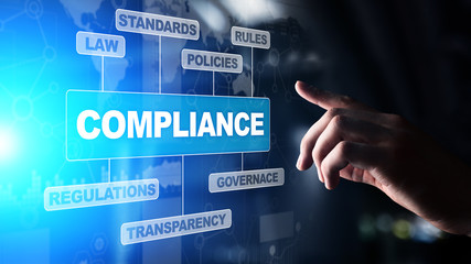 Compliance concept with icons and text. Regulations, law, standards, requirements, audit diagram on virtual screen.