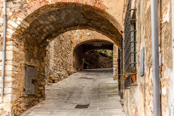 Fototapeta na wymiar Colorful narrow streets in the medieval town of Campiglia Marittima in Tuscany - 13