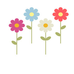 Simple vector of some daisies of different colors with some branches and green leaves.