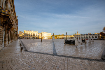 Morning view on the huge Stanislas square with monument in the old town of Nancy city, France. Wide view with copy space