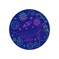 Doodle round sign. Bright color space. Vector illustration. Planets, UFO, rocket, stars with blue circle sticker isolated on white background.