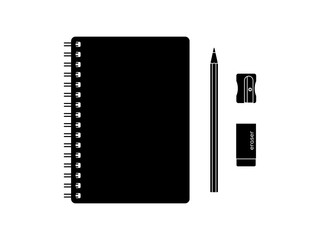 Top view desk of stationery objects in black and white vector. spiral notebook, pencil, eraser, and sharpener isolated on white background