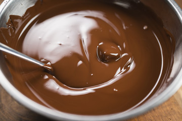 Melted dar chcolate in a steel bowl