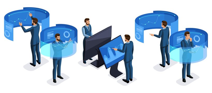 Isometrics set of businessmen, young entrepreneurs working with gadgets, virtual screen, front view rear view