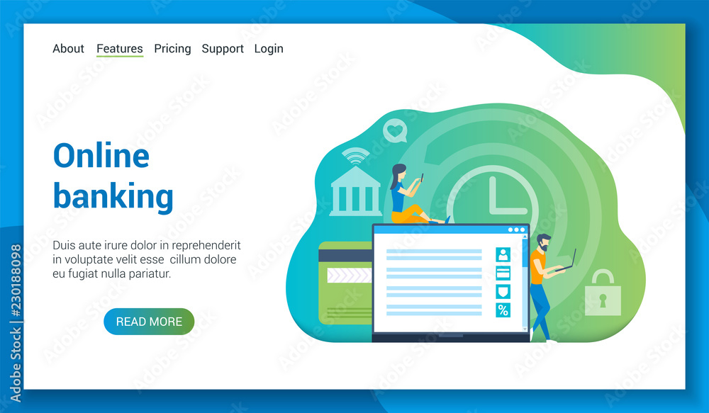 Poster flat design concept on online banking theme. vector illustration mock-up for website and mobile webs