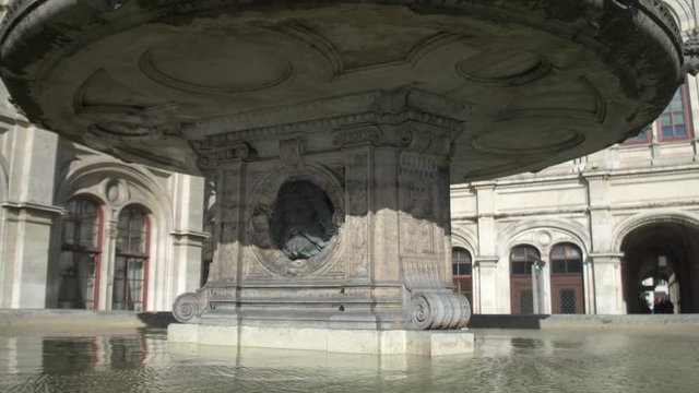 Vienna spring. Water reflections on the fountains of the Vienna State Opera. Dolly shot.