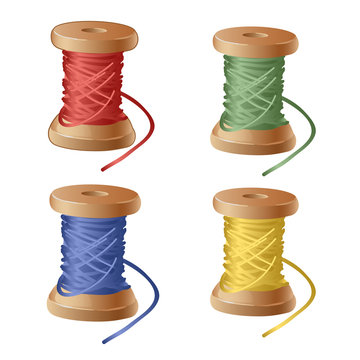 Set of spool of cartoon colorful thread. Equipment sewing workshop isolated on white background. Vector close-up illustration.