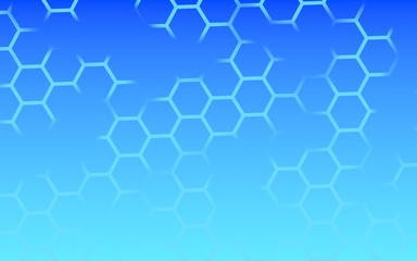 Translucent, with breaks, honeycomb on a gradient blue sky background. Perspective view on polygon look like honeycomb. Isometric geometry. 3D illustration