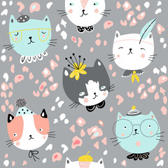 Child seamless pattern with cute cat faces. Vector baby design for fashion apparels, fabric, textile; wrapping and wallpaper. - 230191813