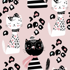Creative kids seamless pattern with cute kitten. Vector baby design for fashion apparels, fabric, textile; wrapping and wallpaper. - 230191856