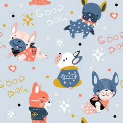 Cute seamless pattern with dogs and slogan. Vector baby design for fashion apparels, fabric, textile  wrapping and wallpaper.