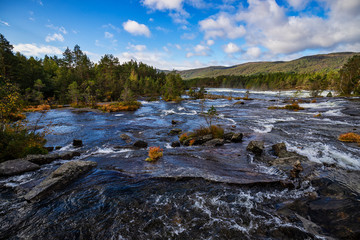 A wild river floating through rocks an trees. In the wonderfull landscape of Norway there are no people.