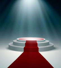 Fototapeta premium Round podium with red carpet and light effect, vector design