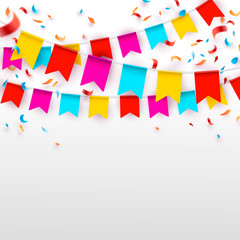 Celebrate banner. Party flags with confetti and balloons. Vector illustration.