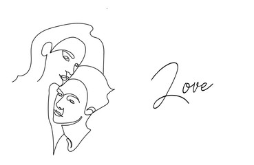 Vectorized illustration of a couple with continuous line and the word love.