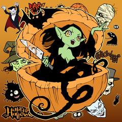 Cartoon spooky and funny illustration with a pretty evil vampire girl. She hides in a huge pumpkin looking out of it with a knife in her hands. Hand drawn original outline drawing for Halloween cards