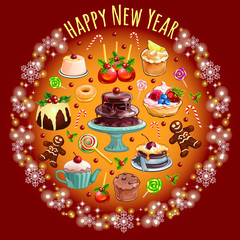 Sketch with abundance of sweets and pastries with Christmas decorations. Sample of the poster round shape, invitation and other cards. Isometric style vector illustration.
