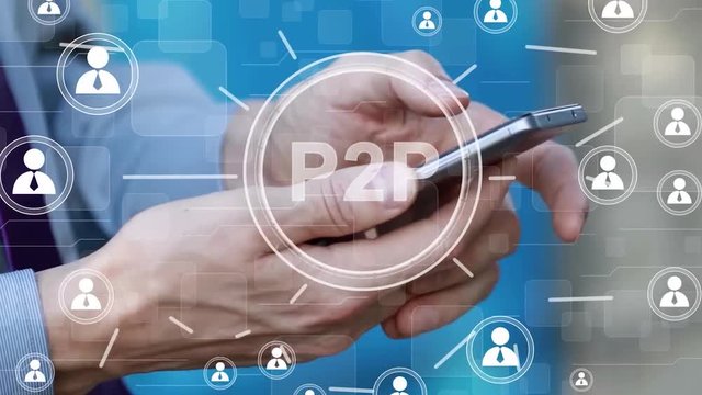 Businessman presses button P2P peer-to-peer on virtual digital electronic user interface.