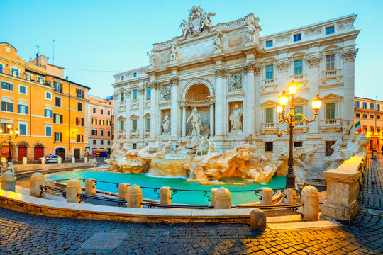 Rome Trevi Fountain in Rome, Italy. Trevi Fountain is an 18th-century fountain in the Trevi district in Rome, Italy. Architecture and landmark of Rome. Trevi fountain in the morning.