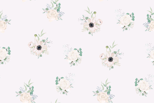 Seamless pattern,  floral watercolor style design: garden powder Anemone flower, white roses silver Eucalyptus branch, succulent, greenery leaves. Rustic romantic background print.