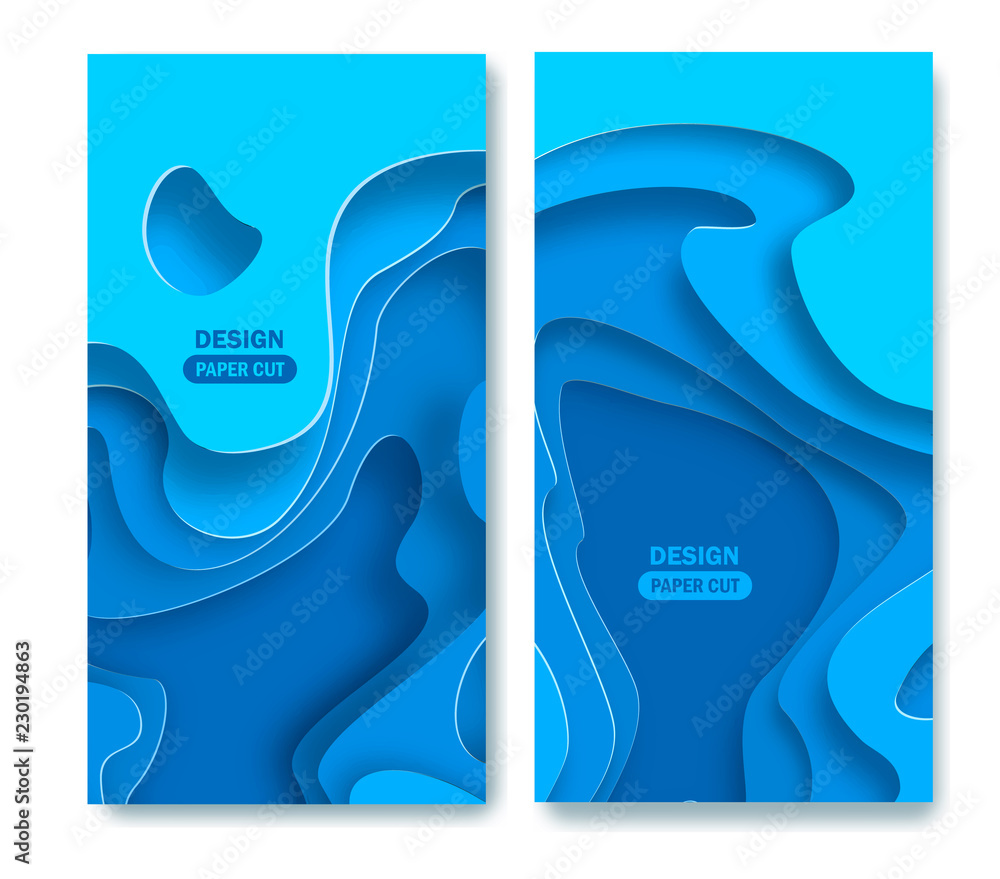 Poster vertical banners with 3d abstract blue background with paper cut shapes. vector design layout for bu