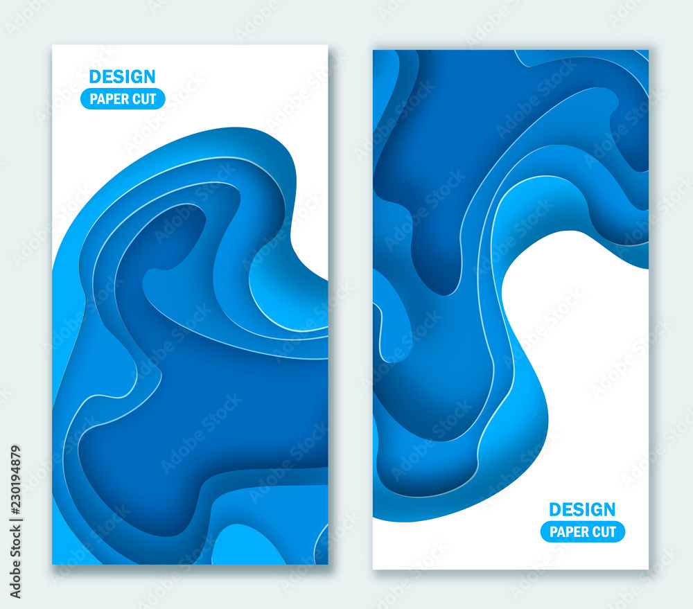 Poster vertical banners with 3d abstract blue background with paper cut shapes. vector design layout for bu