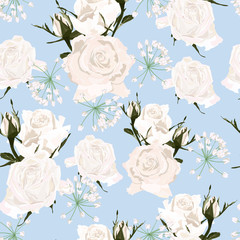 Delicate pattern white roses flowers and herbs. Design for cloth, wallpaper, gift wrapping. Print for silk and home textiles. Baby blue background.