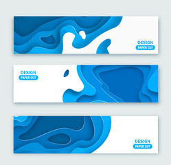 Horizontal banners with 3D abstract background, blue paper cut shapes. Vector design layout for business presentations, flyers, posters and invitations. Carving art