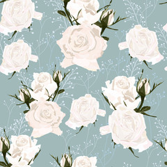 Delicate pattern white roses flowers and herbs. Design for cloth, wallpaper, gift wrapping. Print for silk and home textiles. Rustic background.