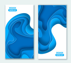 Vertical banners with 3D abstract blue background with paper cut shapes. Vector design layout for business presentations, flyers, posters and invitations. Colorful carving art