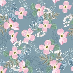 Spring autumn pink flowers with white herbs seamless pattern. Watercolor style floral background for invitation, fabric, wallpaper, print. Botanical texture. Blue background.