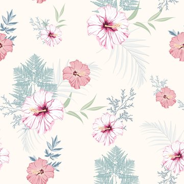 Tropical pink hibiscus flowers with blue herbs seamless pattern. Watercolor style floral background for invitation, fabric, wallpaper, print. Botanical texture. Light yellow background.